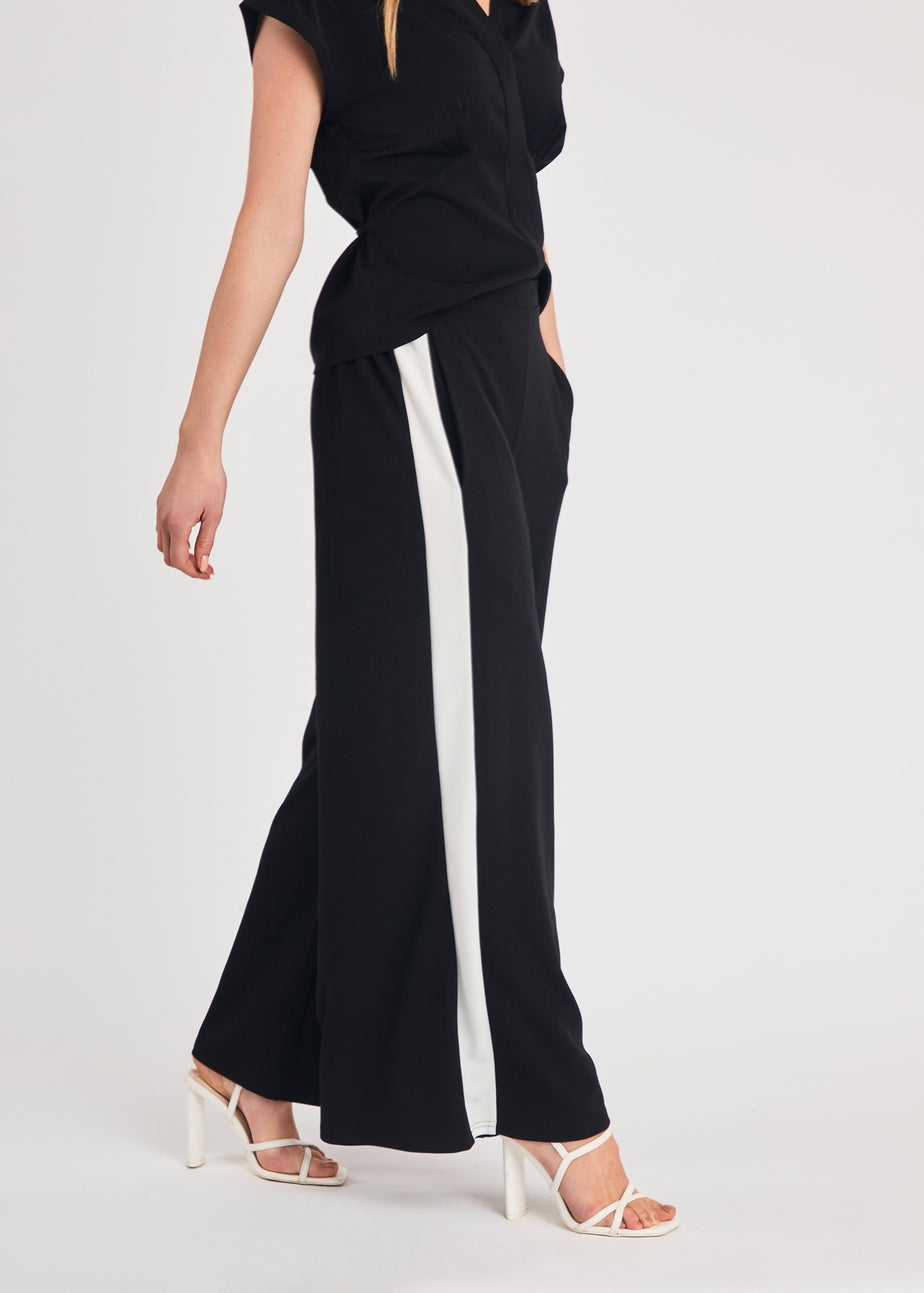 French Connection Black Wide Leg Crepe Trousers with Leg Stripe