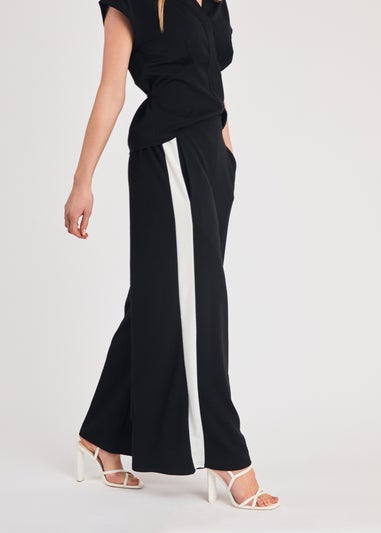 French Connection Black Wide Leg Crepe Trousers with Leg Stripe