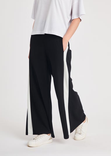 French Connection Black Wide Leg Crepe Trousers with Leg Stripe