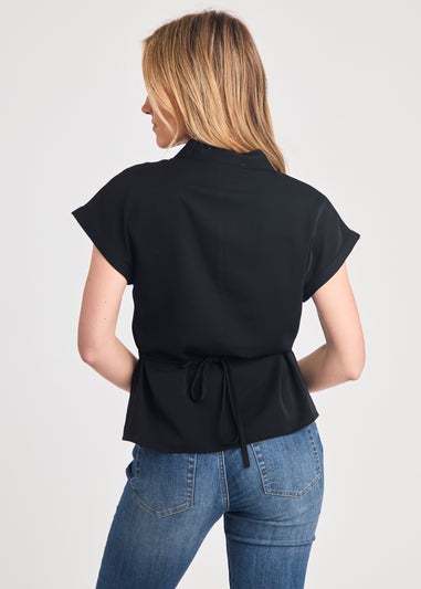 French Connection Black V-Neck Button Up Short Sleeve Crepe Blouse