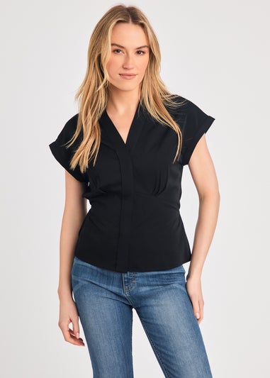 French Connection Black V-Neck Button Up Short Sleeve Crepe Blouse