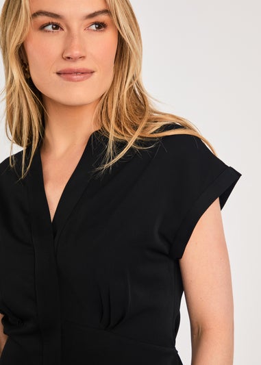 French Connection Black V-Neck Button Up Short Sleeve Crepe Blouse