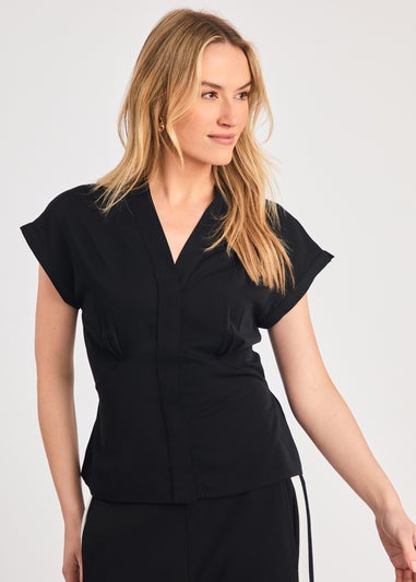 French Connection Black V-Neck Button Up Short Sleeve Crepe Blouse