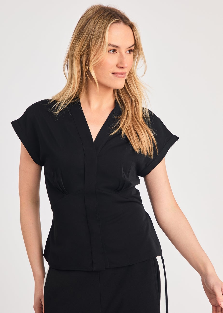 French Connection Black V-Neck Button Up Short Sleeve Crepe Blouse