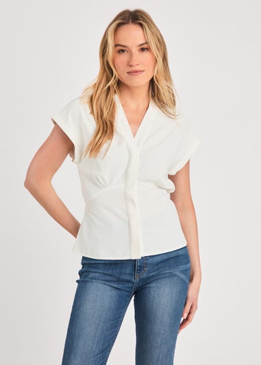 French Connection White V-Neck Button Up Short Sleeve Crepe Blouse