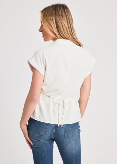 French Connection White V-Neck Button Up Short Sleeve Crepe Blouse