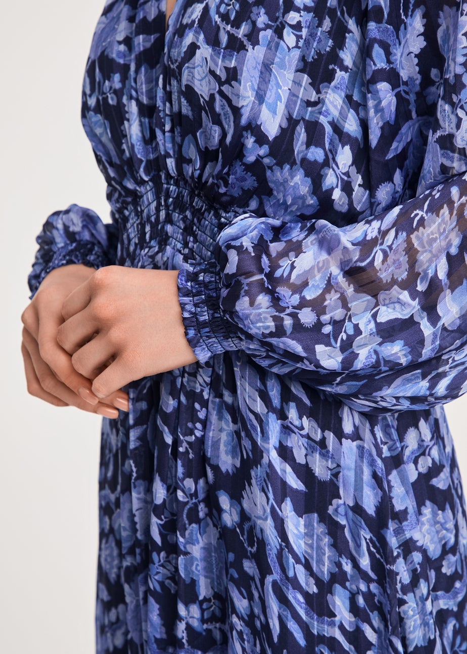 French Connection Blue Long Sleeve Shirred Floral Midi Dress