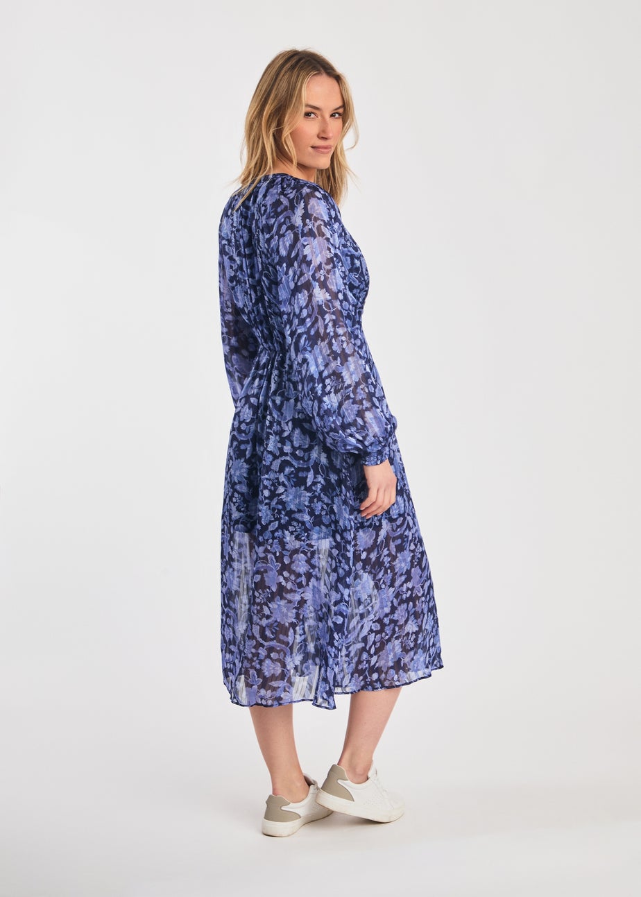 French Connection Blue Long Sleeve Shirred Floral Midi Dress