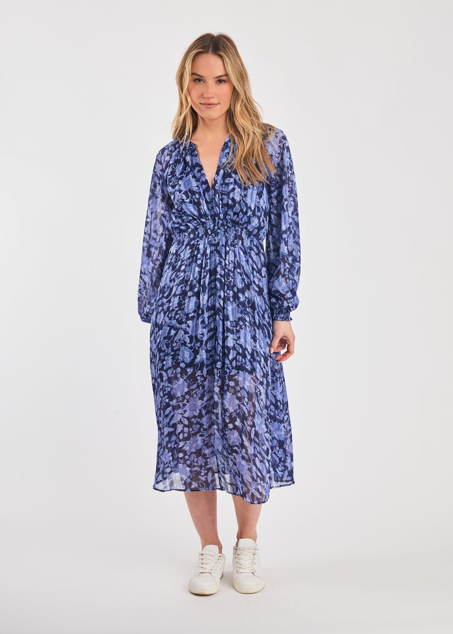French Connection Blue Long Sleeve Shirred Floral Midi Dress
