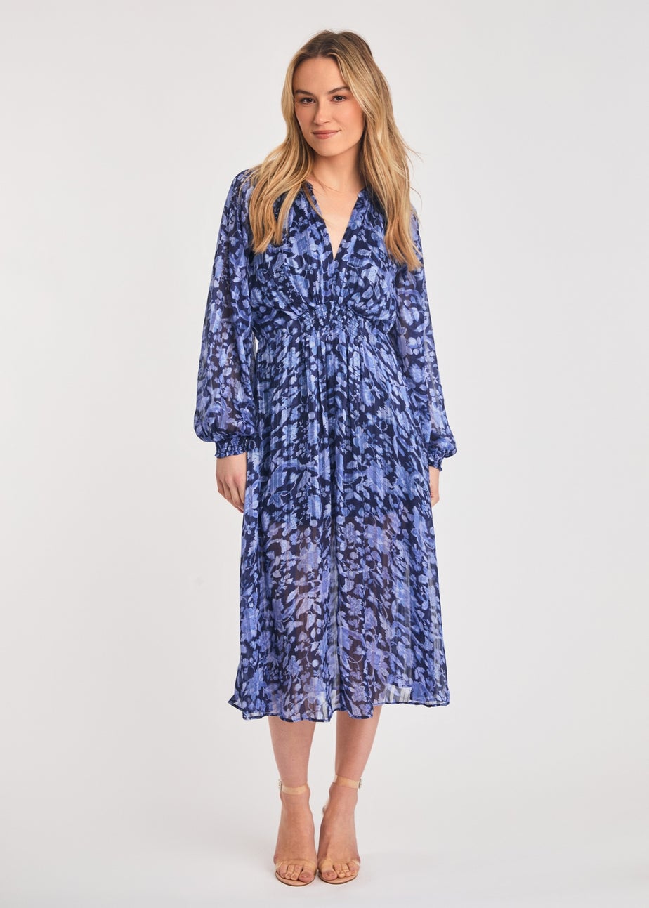 French Connection Blue Long Sleeve Shirred Floral Midi Dress