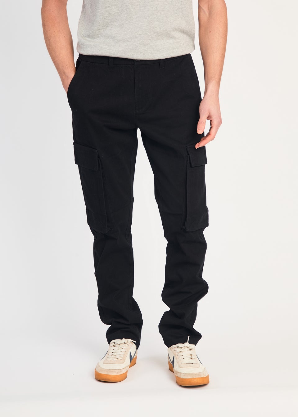 French Connection Black Cotton Relaxed Fit Turn Up Cargo Trousers