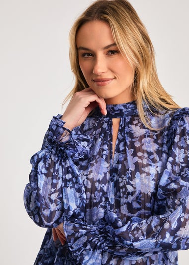 French Connection Blue High Neck Long Sleeve Floral Frill Keyhole Blouse