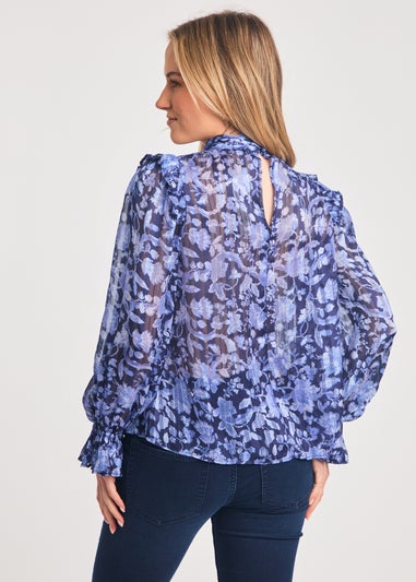 French Connection Blue High Neck Long Sleeve Floral Frill Keyhole Blouse