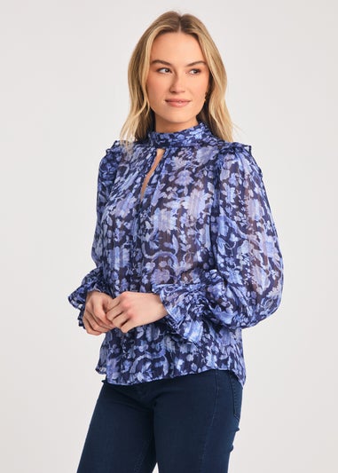 French Connection Blue High Neck Long Sleeve Floral Frill Keyhole Blouse