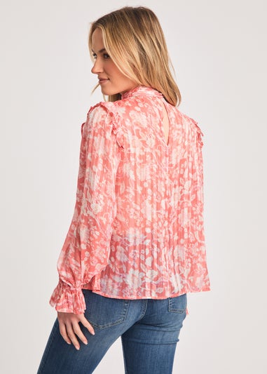 French Connection Pink High Neck Long Sleeve Floral Frill Keyhole Blouse