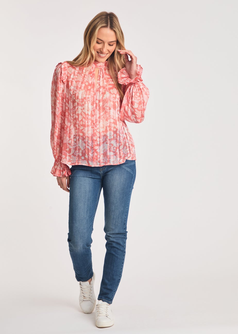 French Connection Pink High Neck Long Sleeve Floral Frill Keyhole Blouse