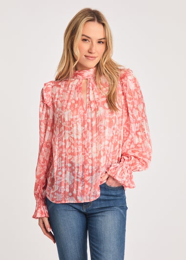 French Connection Pink High Neck Long Sleeve Floral Frill Keyhole Blouse