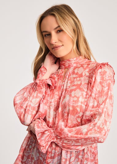 French Connection Pink High Neck Long Sleeve Floral Frill Keyhole Blouse