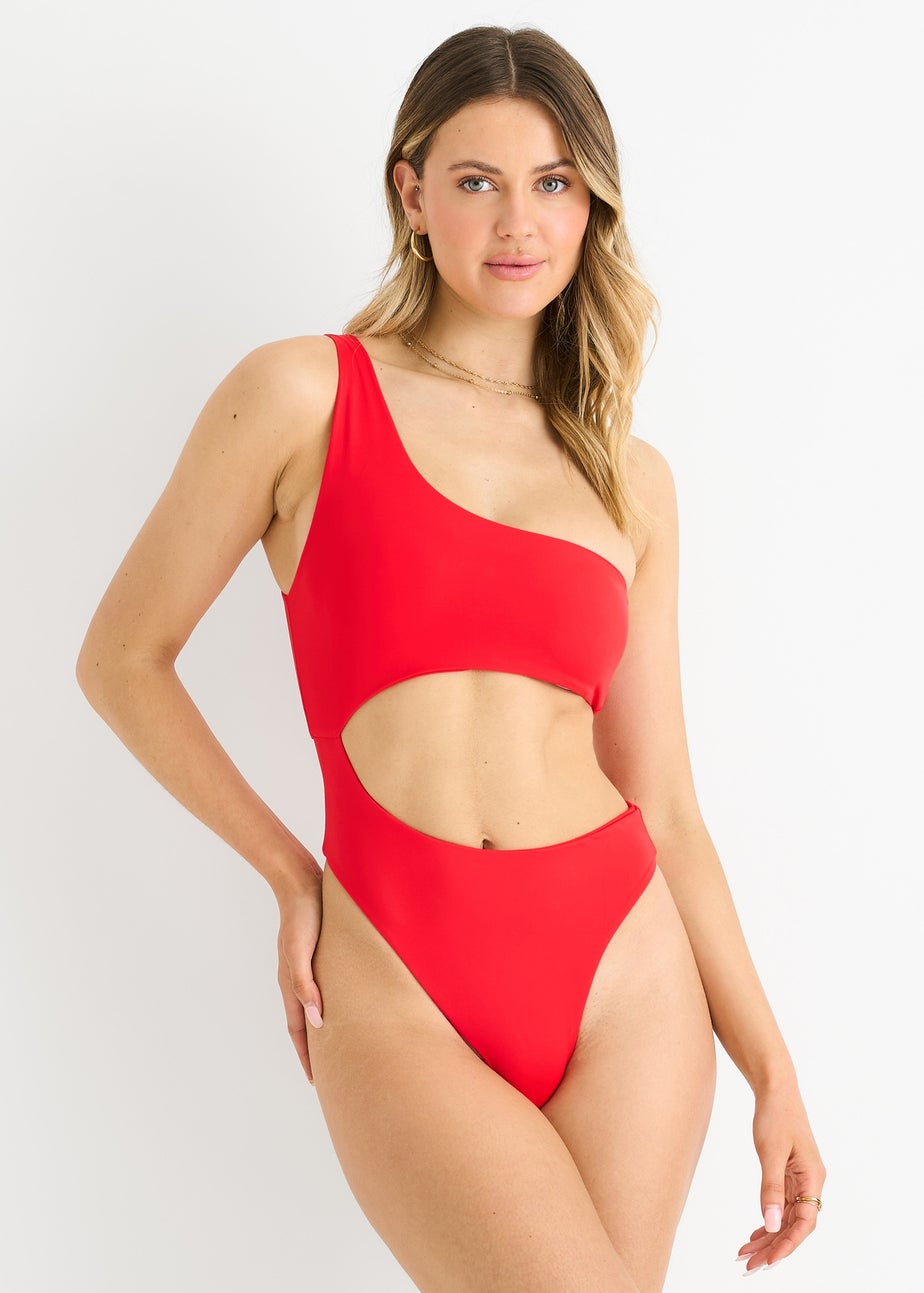 Gini London Red One Shoulder Cutout Swimsuit
