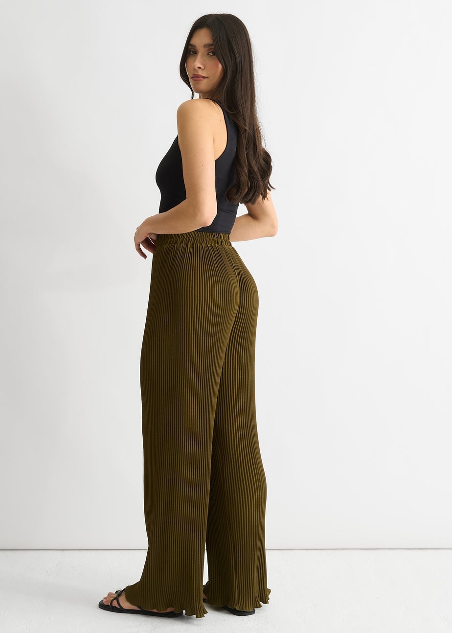 Gini London Olive Plisse Loungewear Wide Leg Trouser