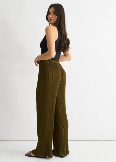 Gini London Olive Plisse Loungewear Wide Leg Trouser