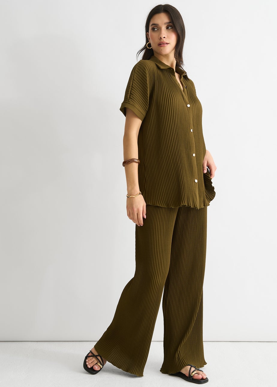 Gini London Olive Plisse Loungewear Wide Leg Trouser