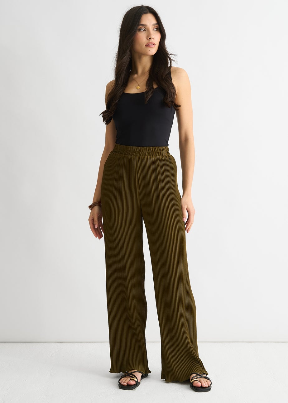 Gini London Olive Plisse Loungewear Wide Leg Trouser