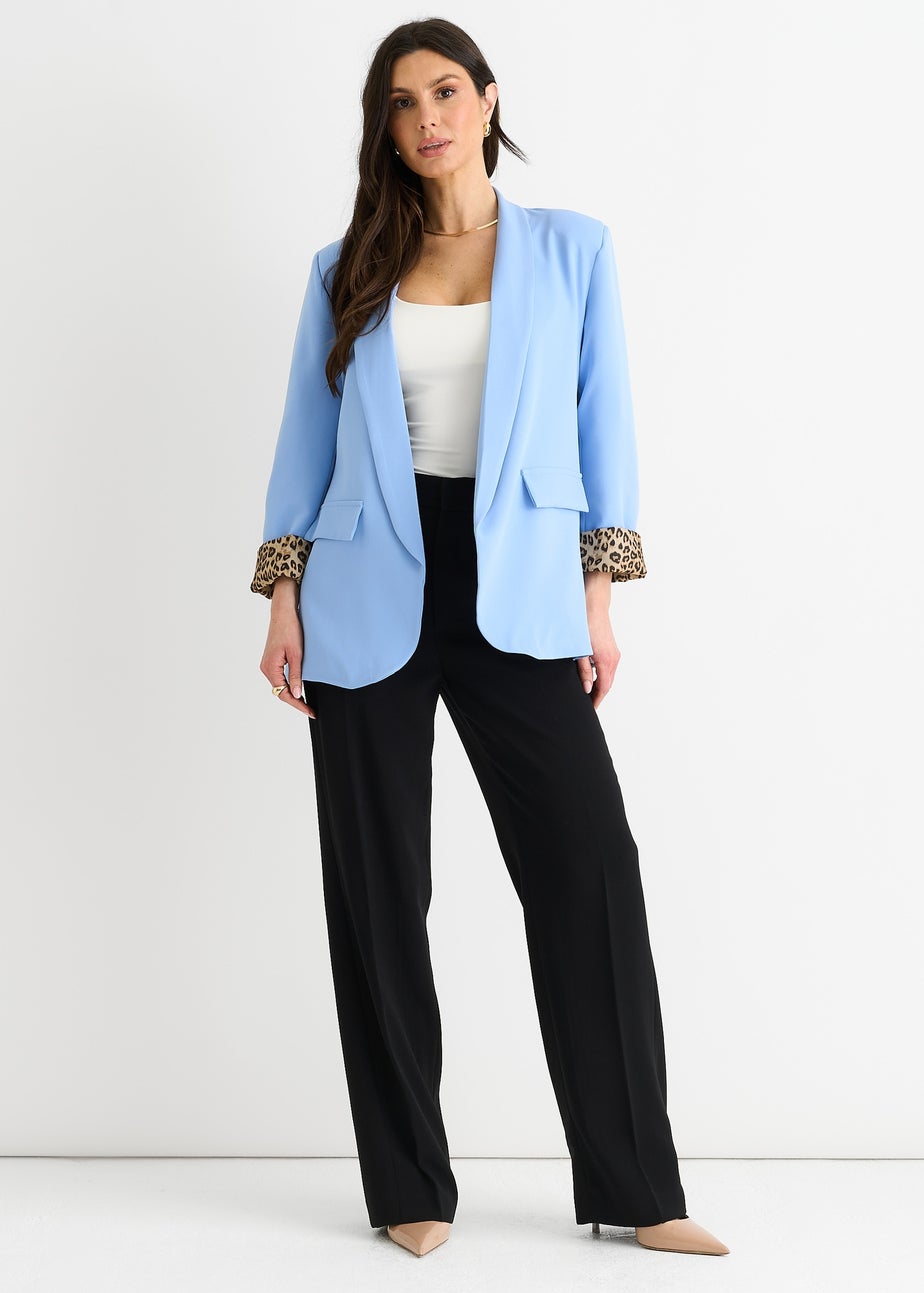 Gini London Sky Blue Contrast Animal Edge To Edge Blazer