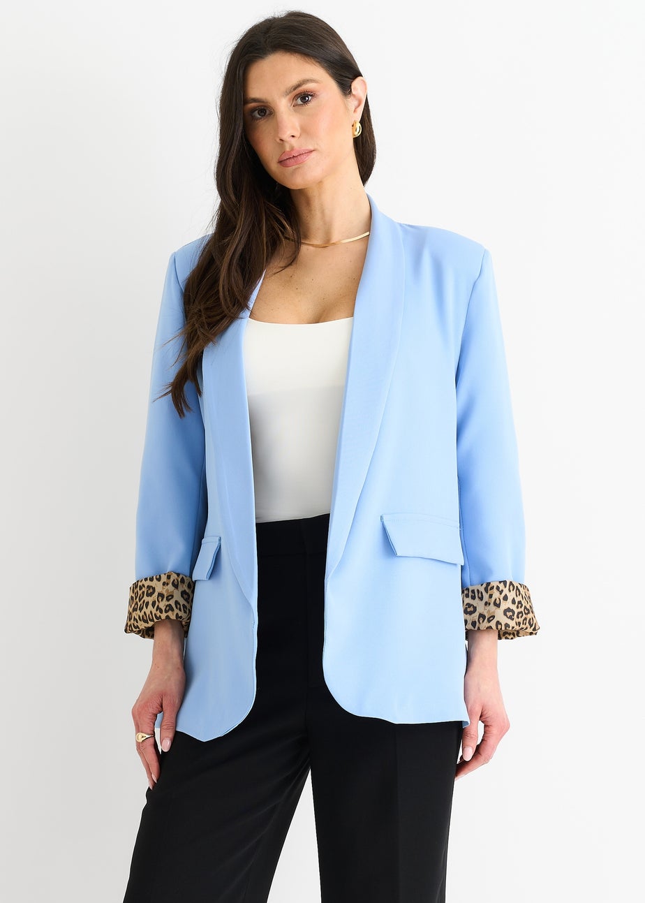 Gini London Sky Blue Contrast Animal Edge To Edge Blazer