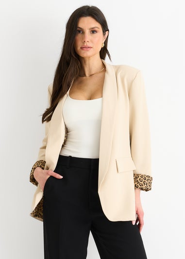 Gini London Beige Contrast Animal Edge To Edge Blazer