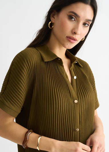 Gini London Olive Plisse Short Sleeve Oversized Shirt
