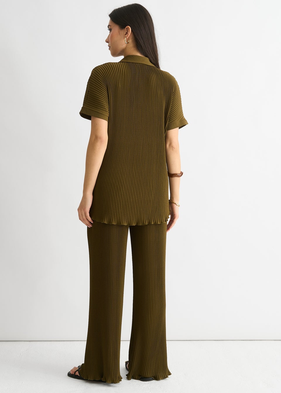 Gini London Olive Plisse Short Sleeve Oversized Shirt