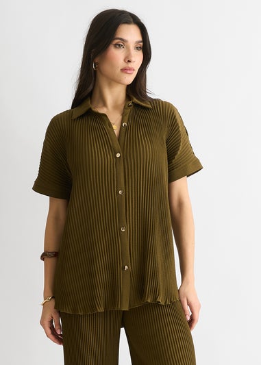 Gini London Olive Plisse Short Sleeve Oversized Shirt