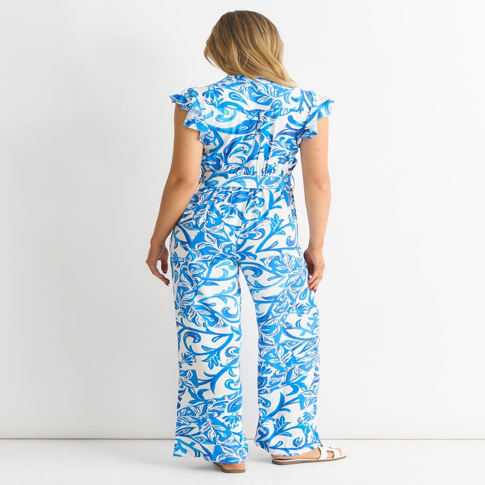 Gini London Blue Floral Ruffle Sleeeves Jumpsuit
