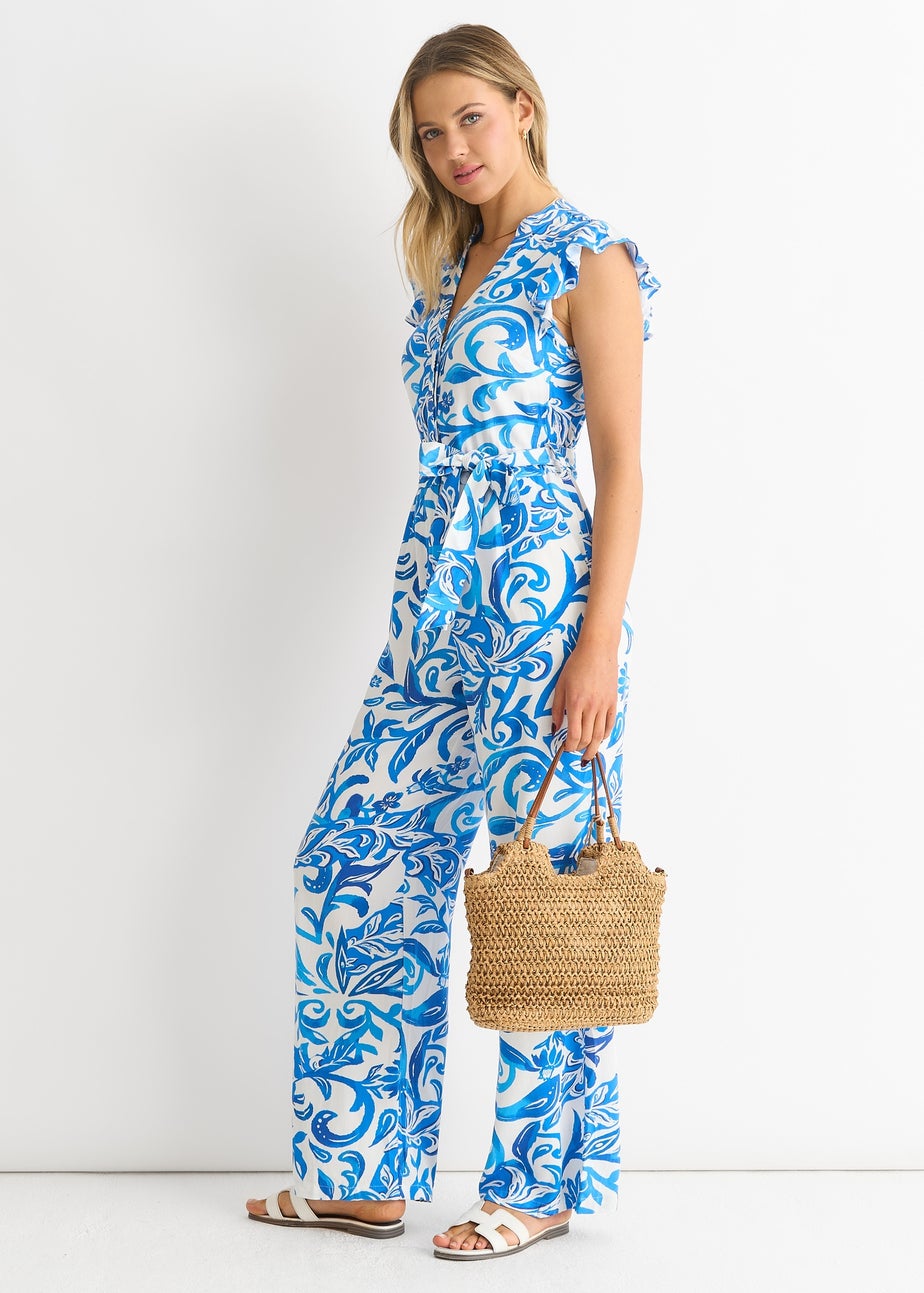 Gini London Blue Floral Ruffle Sleeeves Jumpsuit