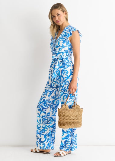 Gini London Blue Floral Ruffle Sleeeves Jumpsuit