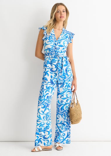 Gini London Blue Floral Ruffle Sleeeves Jumpsuit