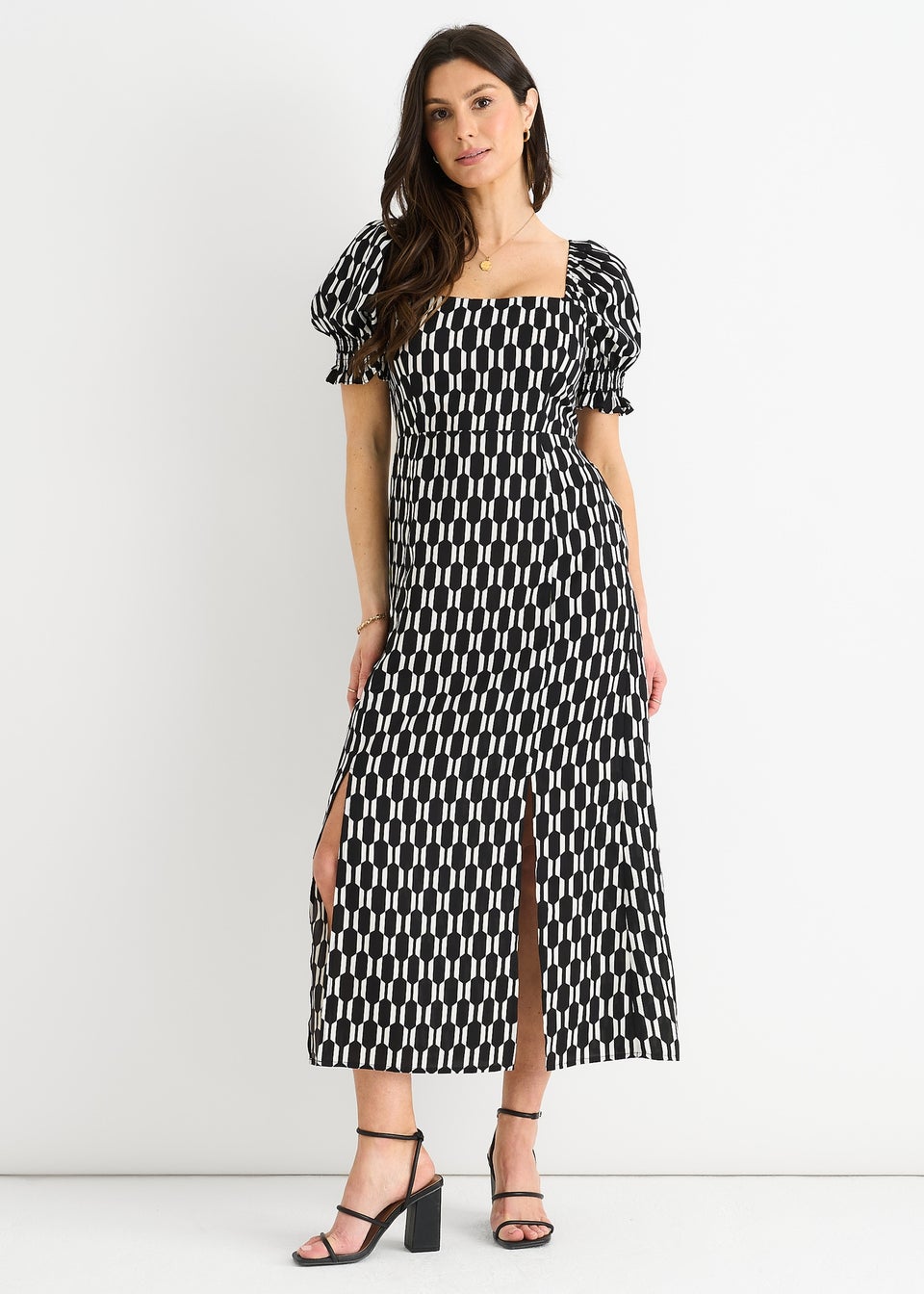 Gini London Black Geo Print Square Neck Midi Dress