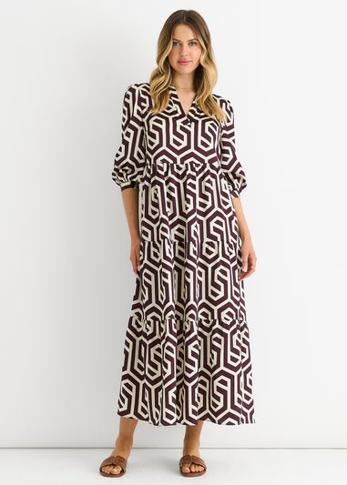 Gini London Brown Geo Print Smock Maxi Dress