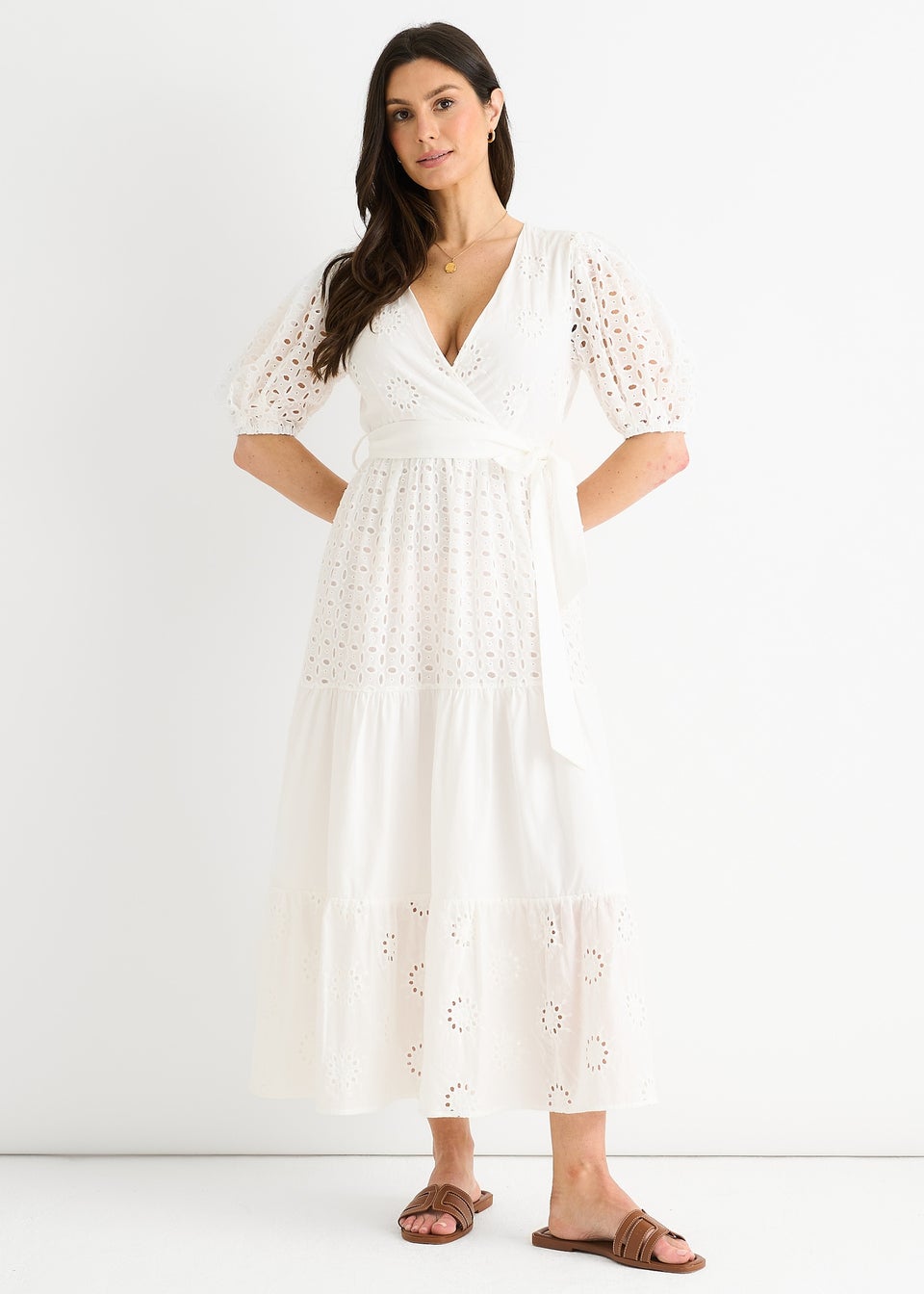 Gini London White Wrap Broderie Cotton Belted Midi Dress