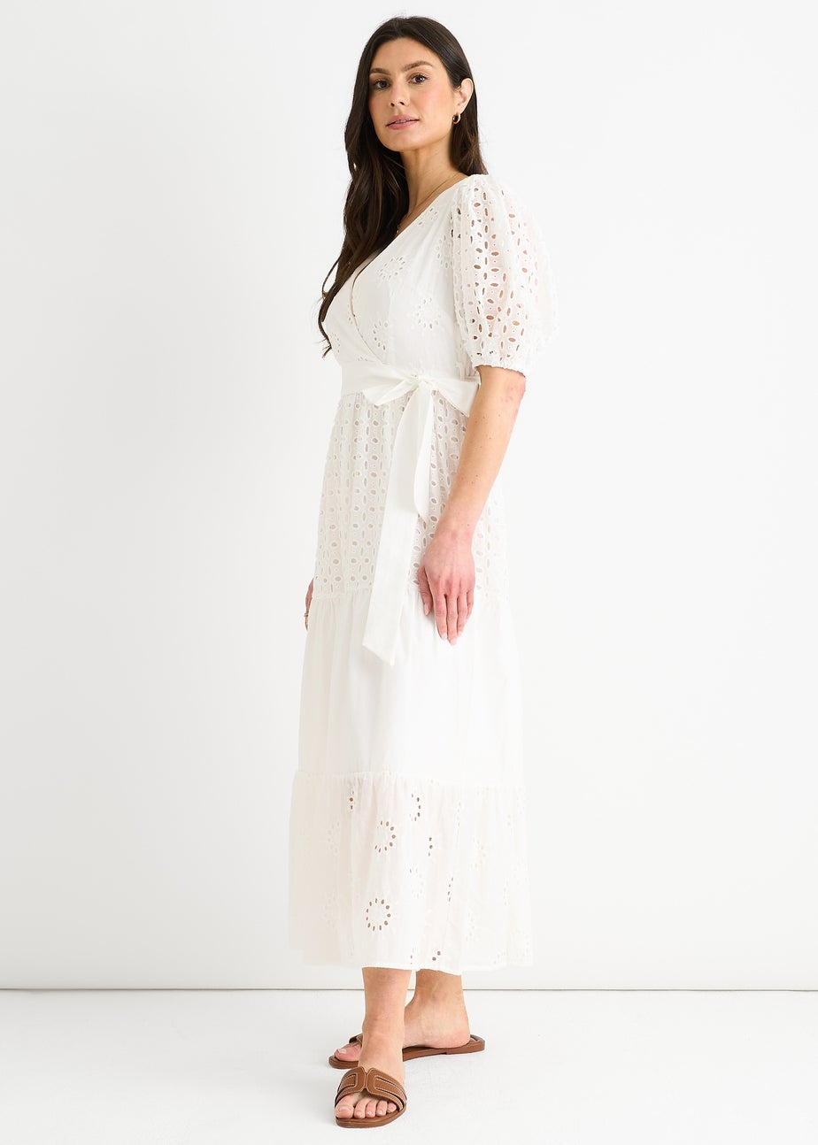 Gini London White Wrap Broderie Cotton Belted Midi Dress