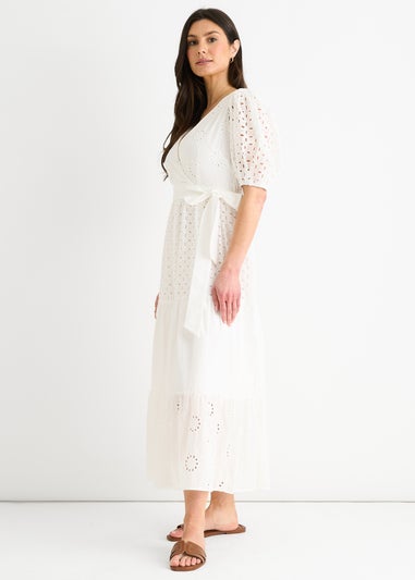 Gini London White Wrap Broderie Cotton Belted Midi Dress