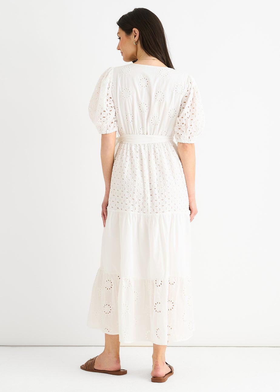 Gini London White Wrap Broderie Cotton Belted Midi Dress