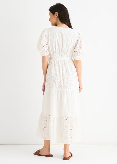 Gini London White Wrap Broderie Cotton Belted Midi Dress