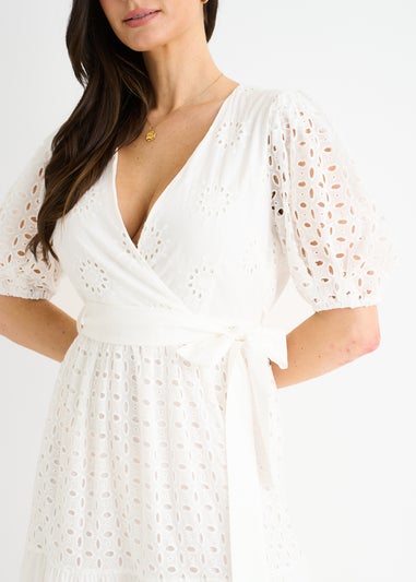 Gini London White Wrap Broderie Cotton Belted Midi Dress