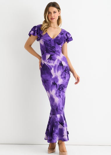 Gini London Purple Watercolour Floral Maxi Dress