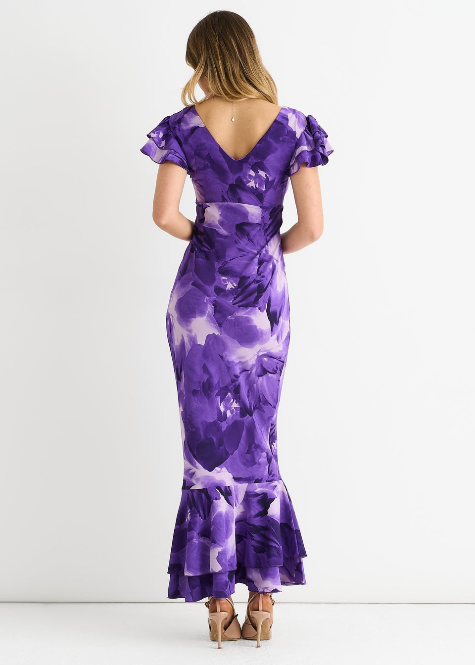 Gini London Purple Watercolour Floral Maxi Dress