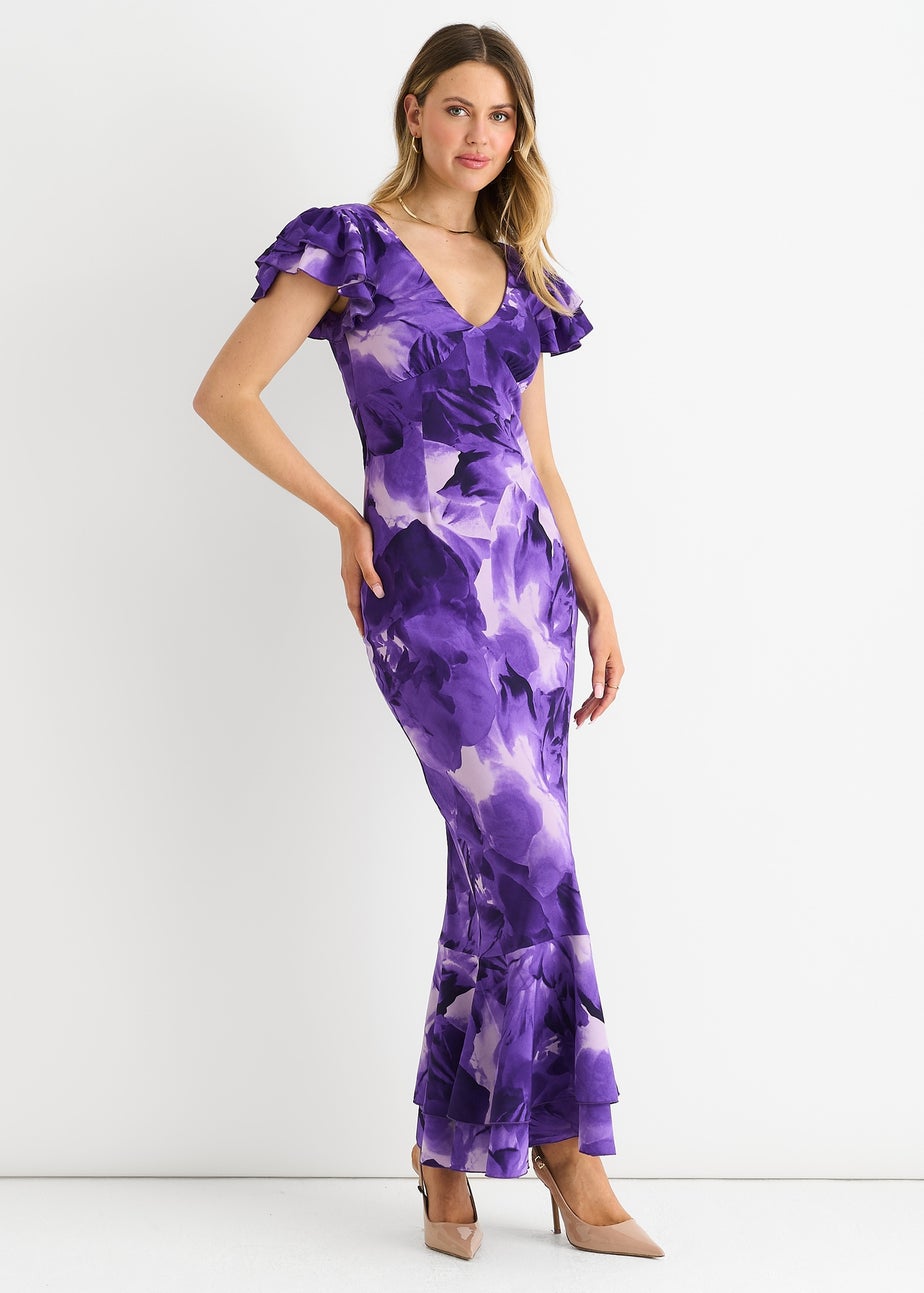 Gini London Purple Watercolour Floral Maxi Dress