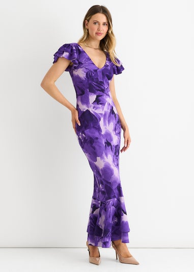 Gini London Purple Watercolour Floral Maxi Dress