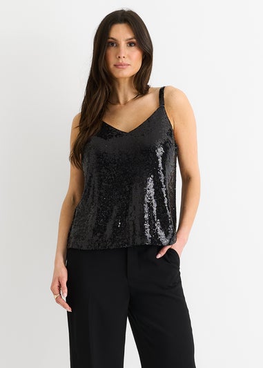 Gini London Black Sequin V Neck Cami Top